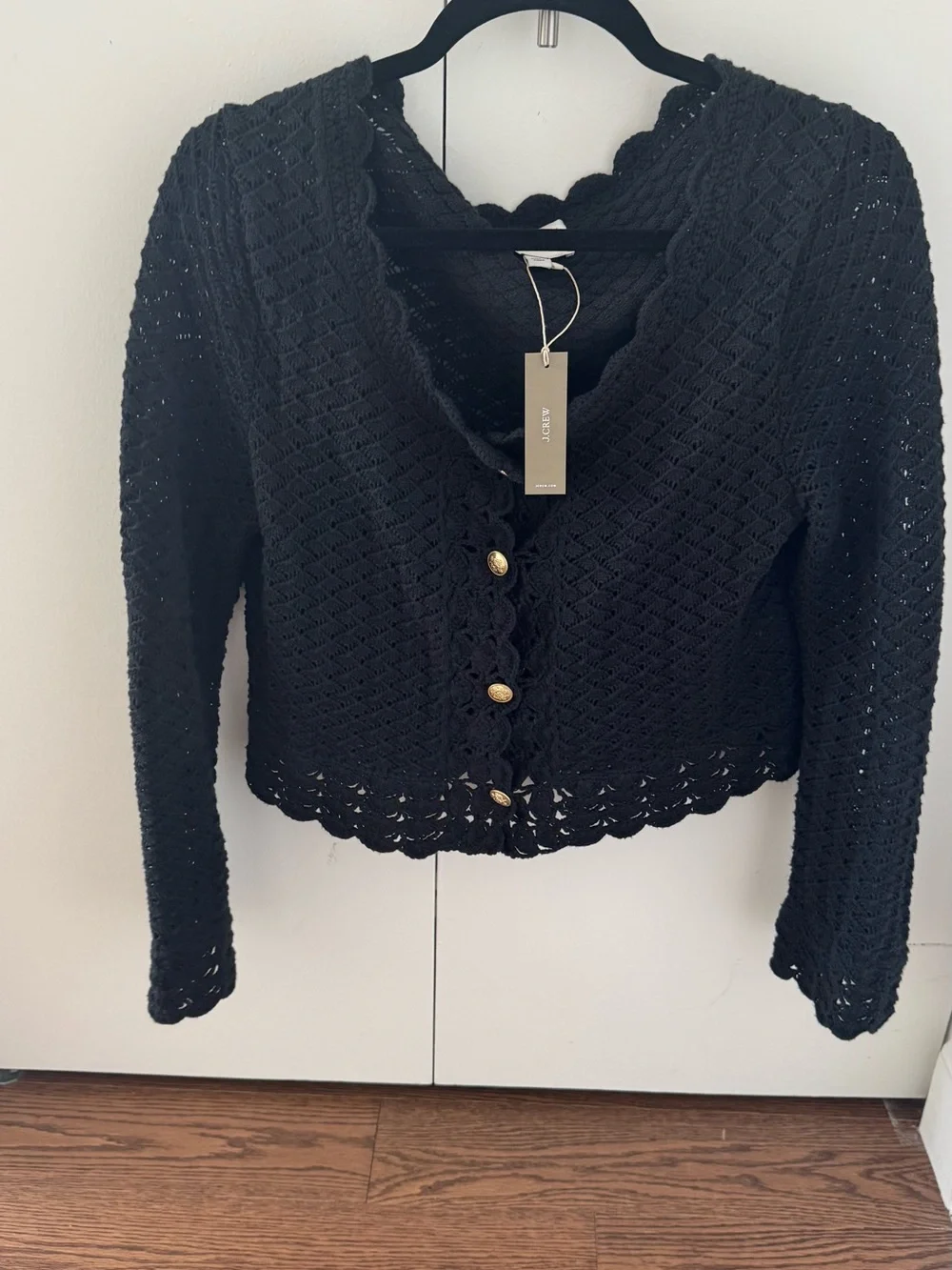 J. Crew Black Crocheted Scallop-Trim Cardigan with Gold Button (M)